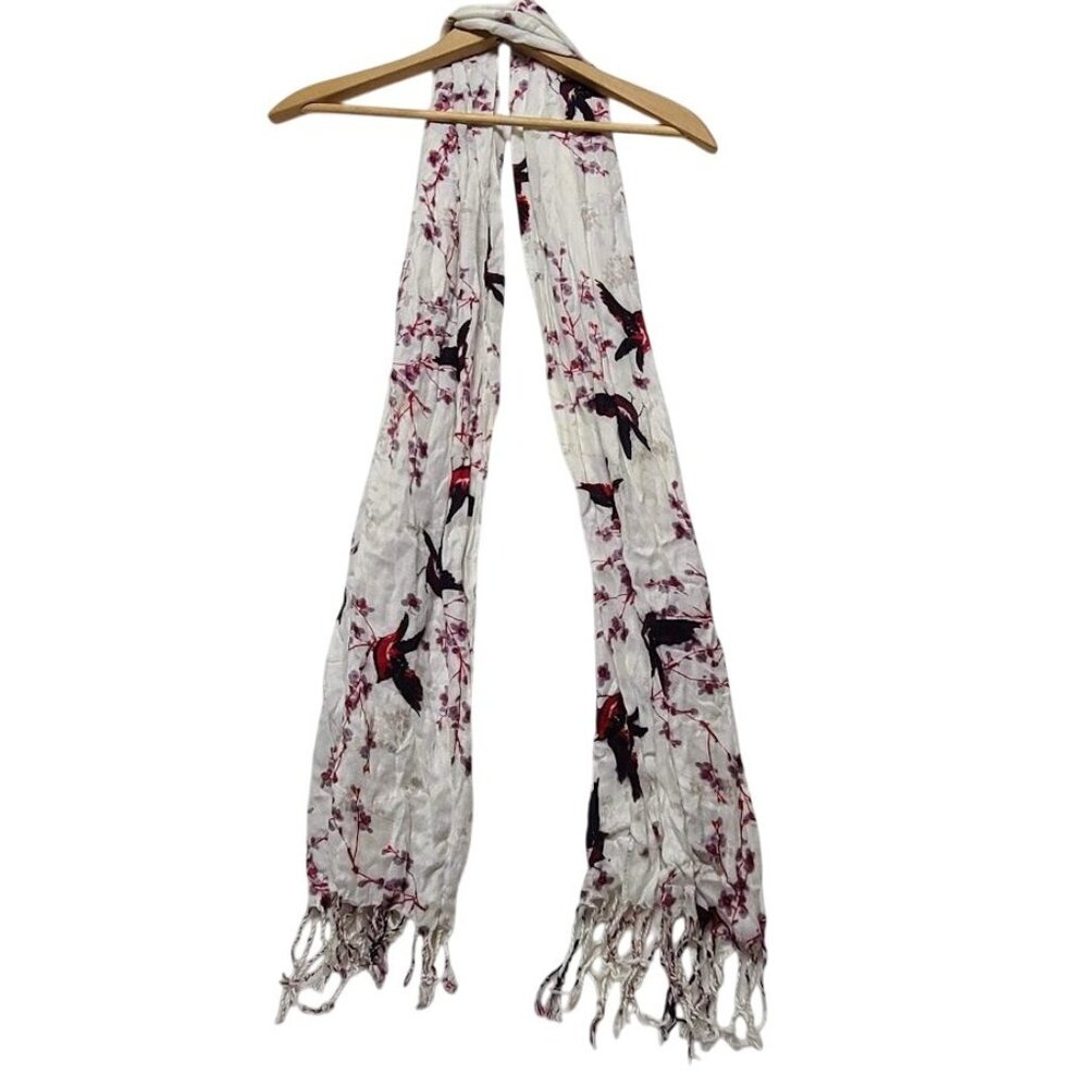 Womens Scarf Shawl Wrap White Floral with Red Black Birds Tassels Rayon - Picture 1 of 10